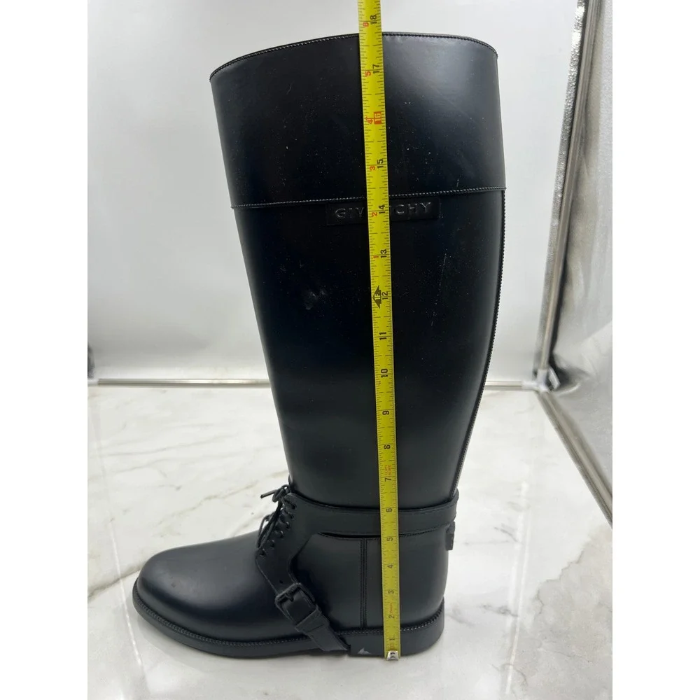 GIVENCHY Rain Boots Womens Sz 10 Tall Black Rubber Wellies Made in Italy Lace Up